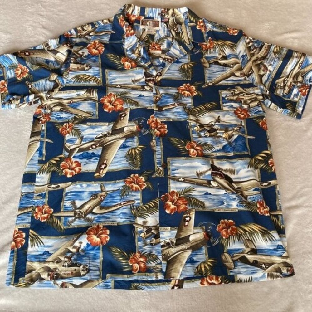 Kalaheo Men’s XL Hawaiian Shirt WWII Planes & Hibiscus Print Aloha Button EUC